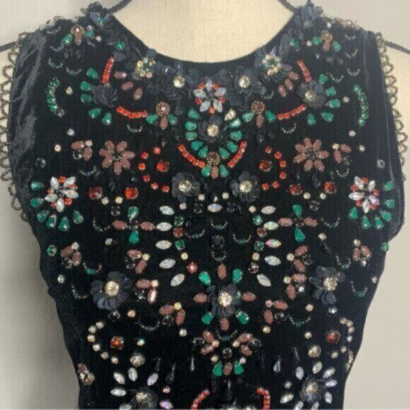 Vintage Beaded Black Velvet Mini Dress Floral Embellished Cocktail Mini Dress - Picture 17 of 17